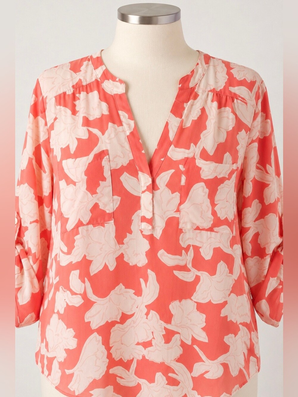 Torrid Harper 3/4 Sleeve Pullover Blouse Coral and Cream